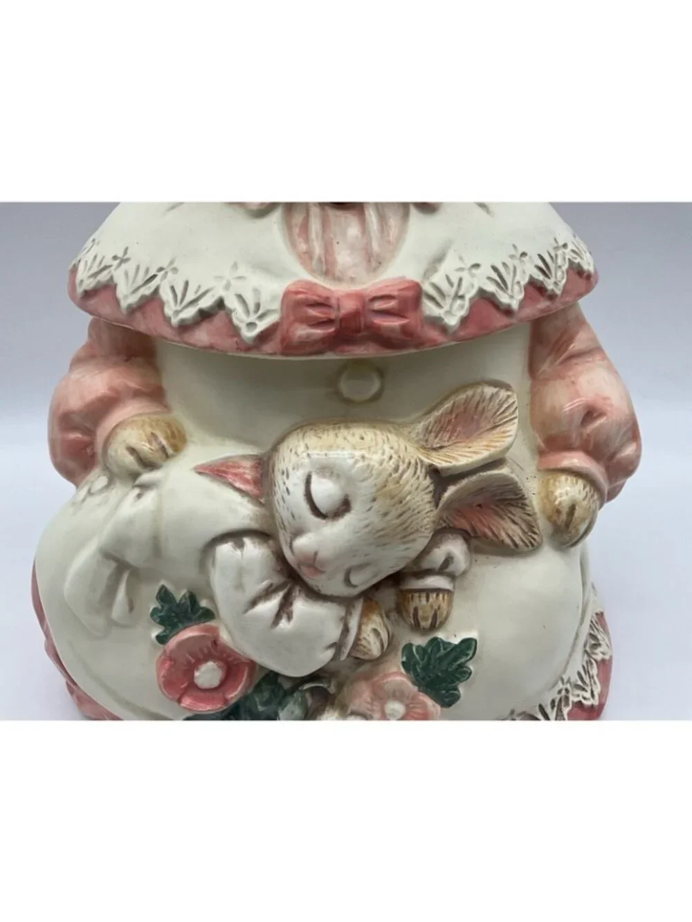 Mother Rabbit Vintage 1980s Ceramic Cookie Jar Made in Japan Pink and White